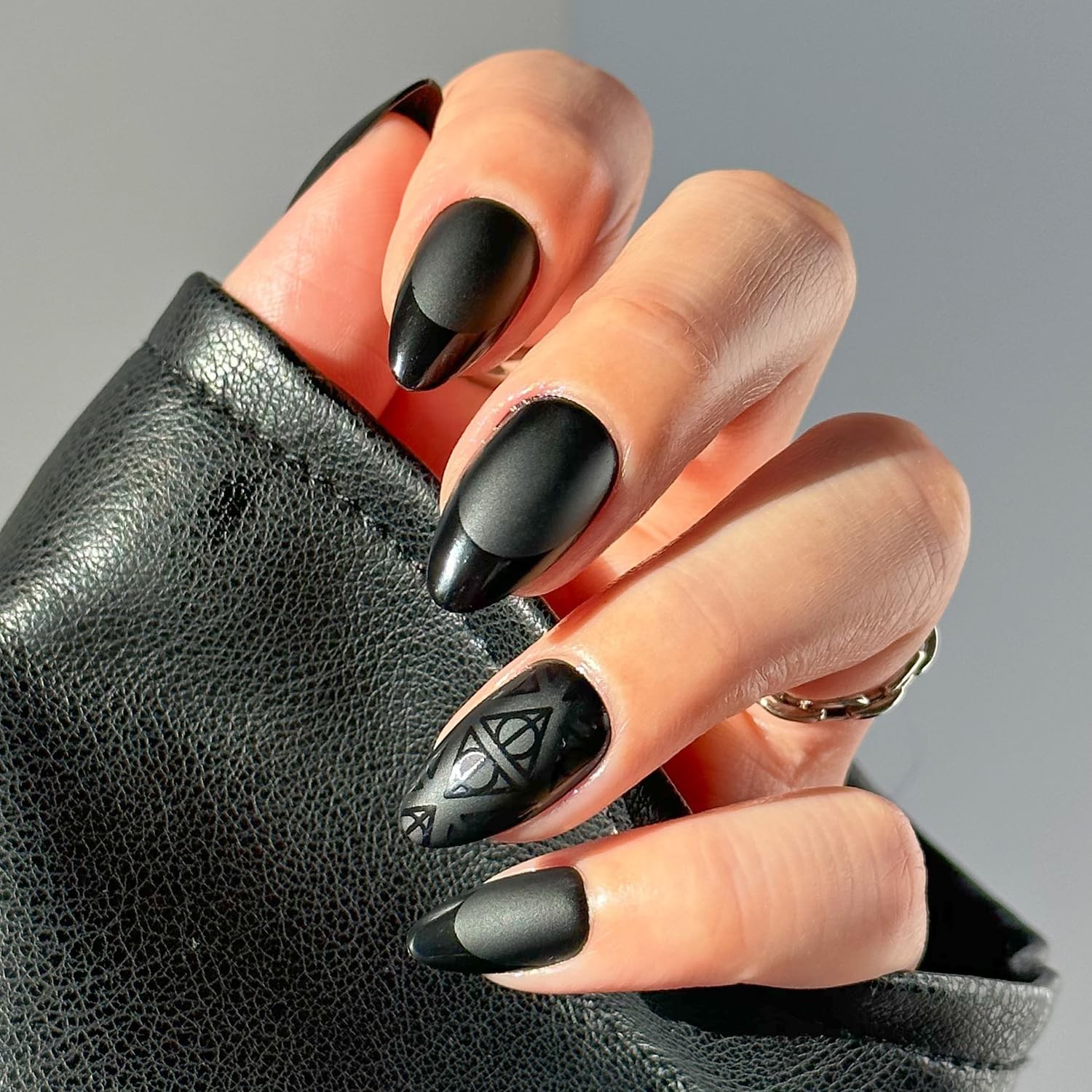 Deathly Hallows Press On Nails – Black Almond Matte & Glossy Finish | 30 Nail Ki