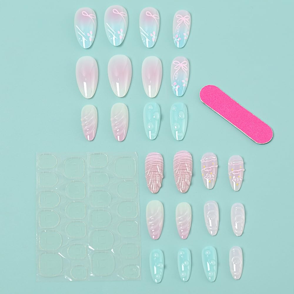 24 Pcs Ombre Press on Nails Short Almond Nail Tips,Pink Acrylic Nail Kit Fake…