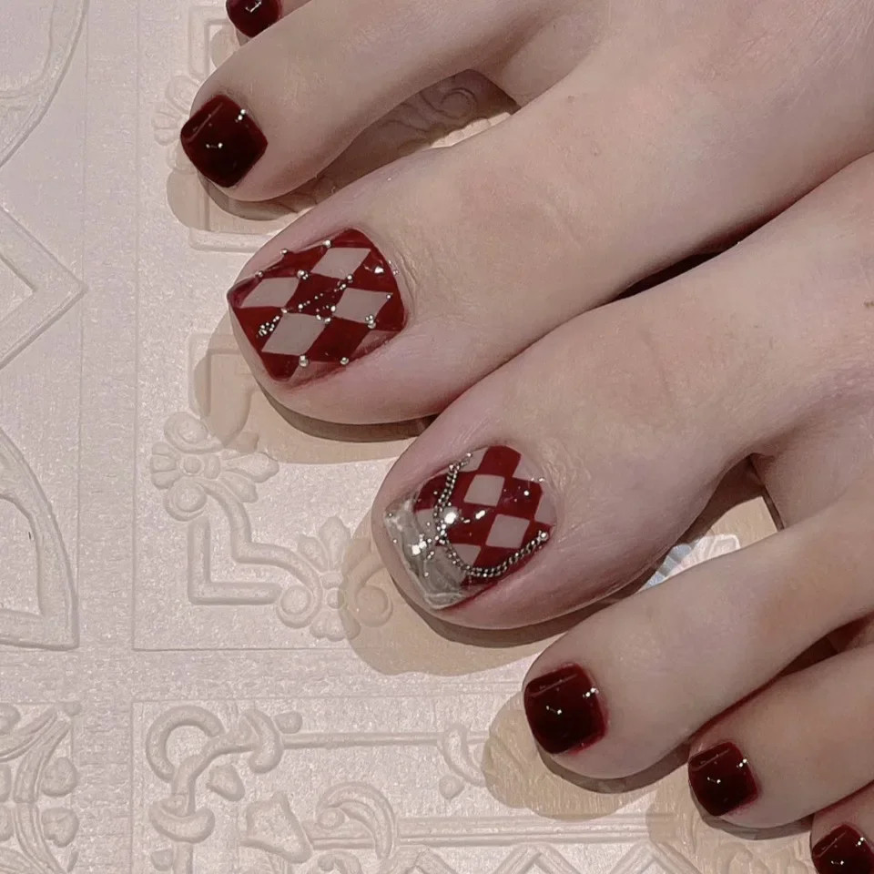 24pcs French Toe Nails:Glitter Diamond Short Press on Toenails