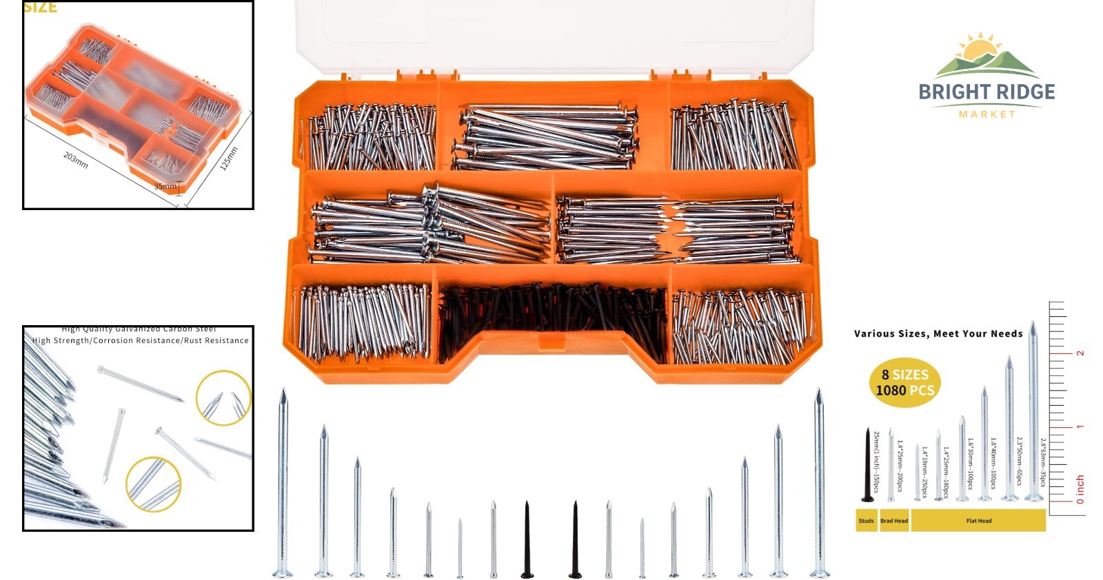 Complete Nail Assortment with 1080 Pieces in Clear Storage Box for Easy Access