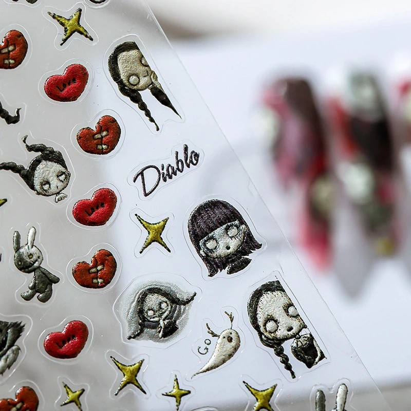 Gothic Halloween Nail Stickers – Horror Cartoon, Red Hearts & Gold Stars (363)