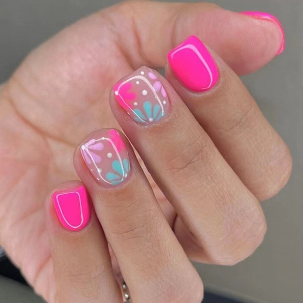 96pcs Vibrant Neon Pink Press On Nails Colorful Small Floral Manicure for Outing