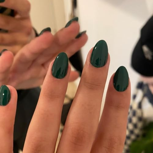 Press-on Nails, Short Oval Acrylic, 24 Pieces, Green, glossy dark green