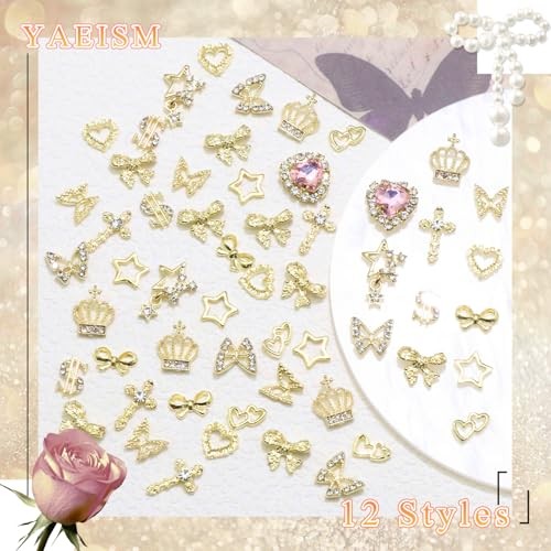 180PCS Nail Charms: Cross Crystal Star, 3D Butterfly, Sparkly Crown, Shiny Gold