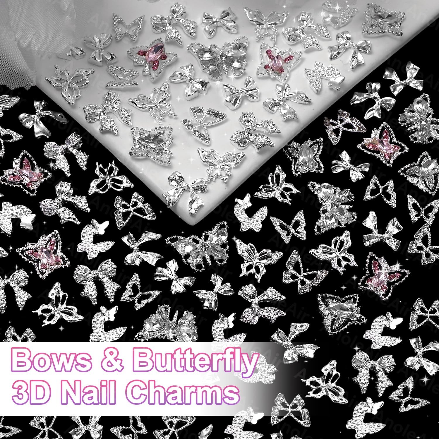 80 Pcs Silver Butterfly Nail Charms and Gems, 3D Pink Color Butterfly COLOR-S2