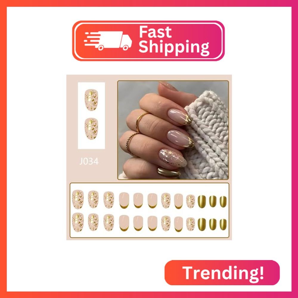 Gold French Tip Press on Nails Short Almond Fake Nails Glitter Foils Designs Glo