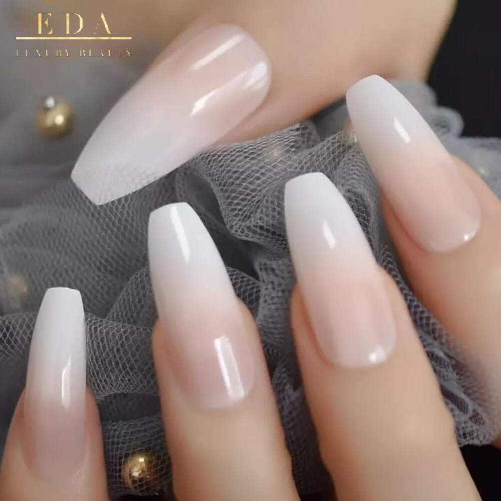 Natural Nude Ombre White French Press On Nails Extra Long Ballerina Fake Nails