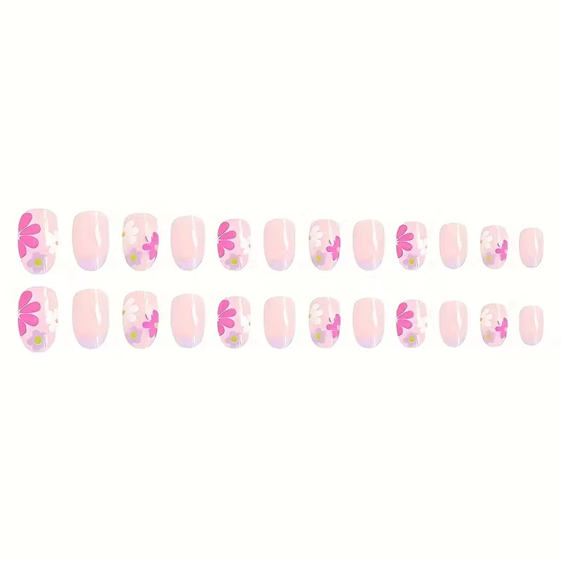 24pcs Short Oval Press-On Nails, Pink & Yellow Daisy Design, Purple French Tips