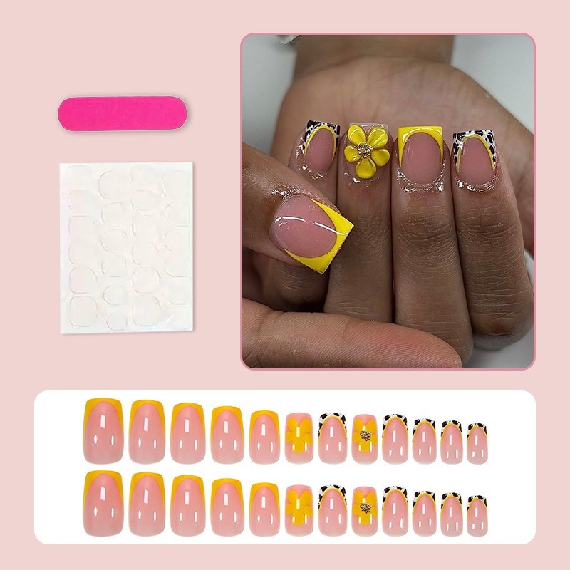 48 Pcs of Yellow Flower Cow Pattern Sparkling Diamond French Detachable Nail Art