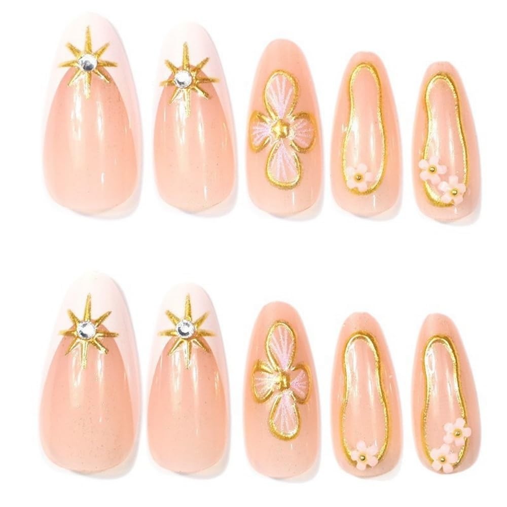 Stylish 3D Spring Floral Acrylic Press On Nails – 24PC Medium Almond Beauty Set