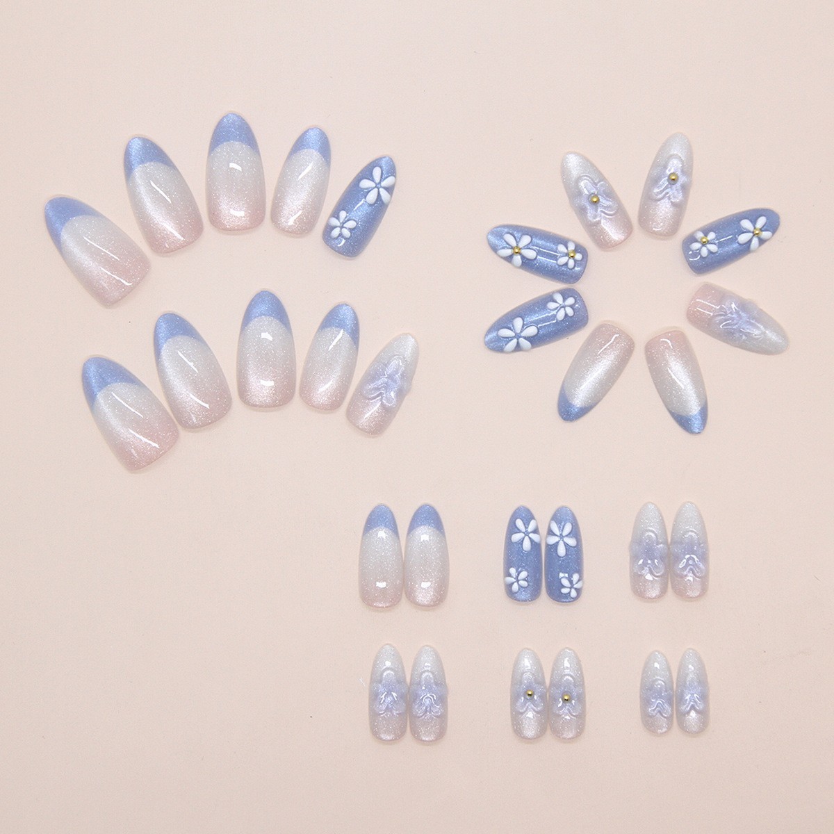Cat Eye Press On Nails 30PCS Blue Gradient Almond For french Style Nail Tips