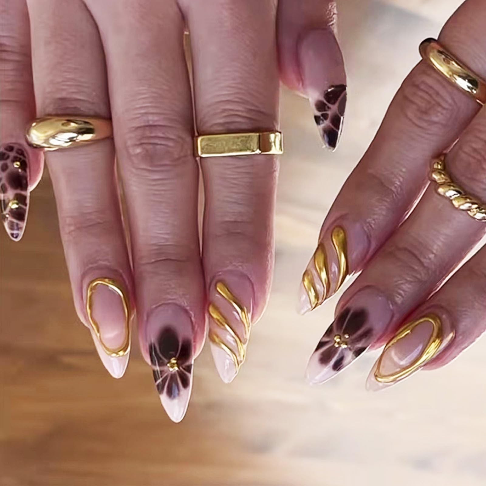 3D Gold Curve Line Press on Nails 24Pcs Turtle Print False Nails Glossy Brown…