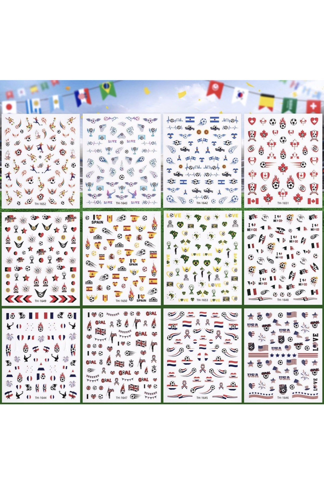 12 Sheets Soccer Nail Stickers, Self-Adhesive Soccer Ball & National Flag Nail A