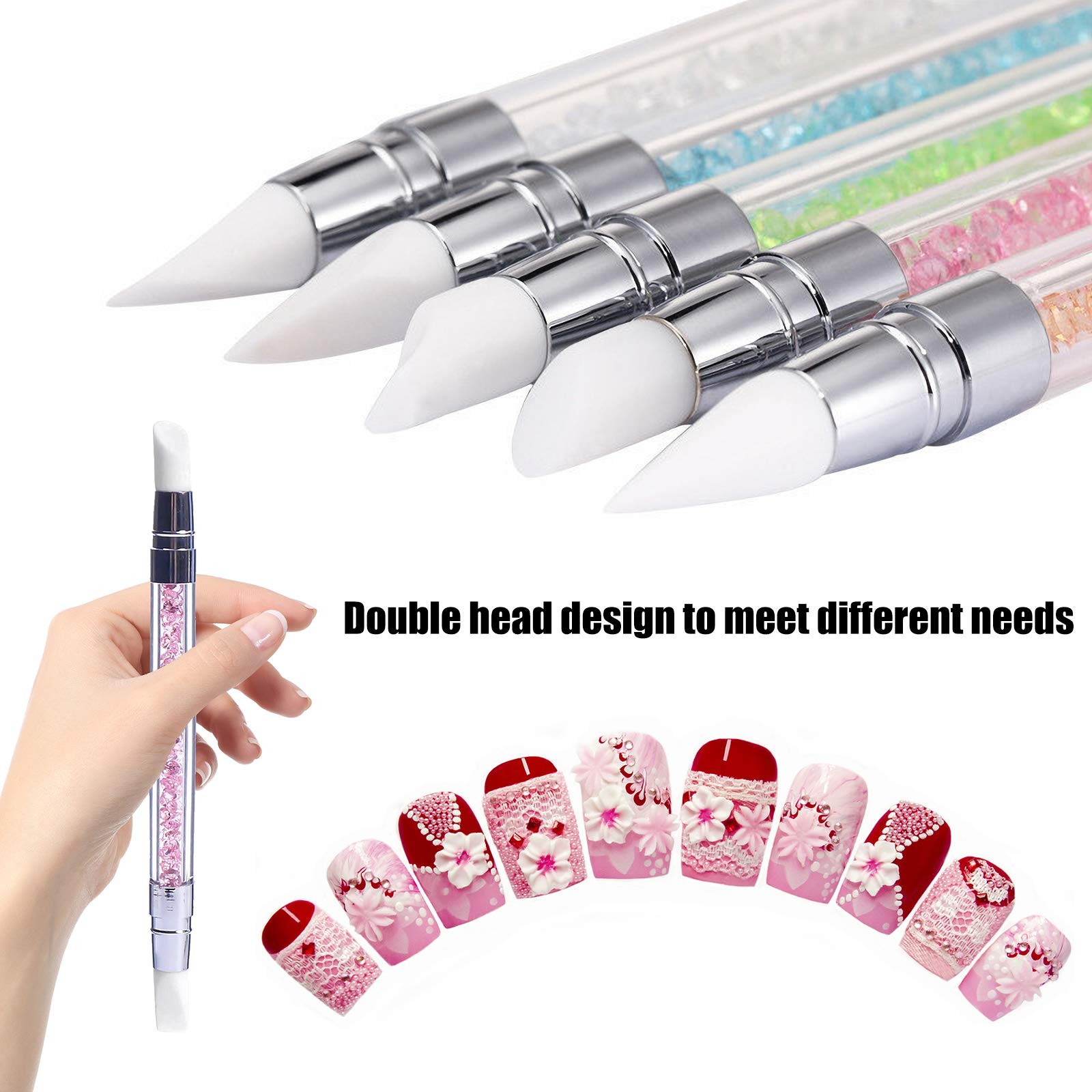 Hanyousheng 5Pcs Silicone Nail Art Sculpture Pen Green+Orange+Blue+White+Pink