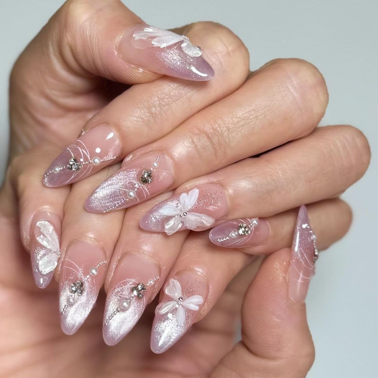 Almond Press on Nails Medium – Ombre Purple Fake Nails with Flower Butterfly Des