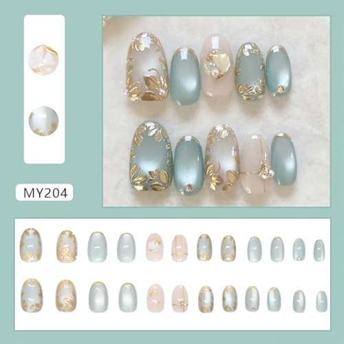 24Pcs Flower Press on Nails – Short Almond Fake Nails – 19