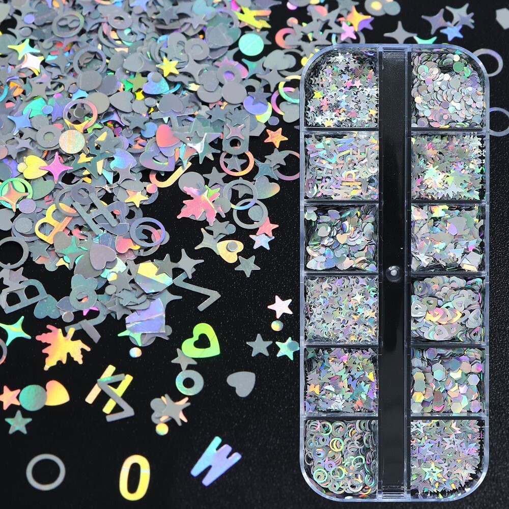 12 Grids Mixed Nail Art Sequins Laser Silver Love Star Glitter Flakes For DIY