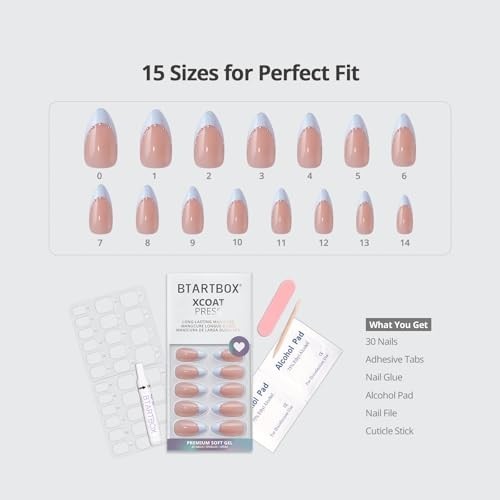 Press On Nails Medium Almond French Tip Blue 30 Count Soft Gel With Glue Tabs