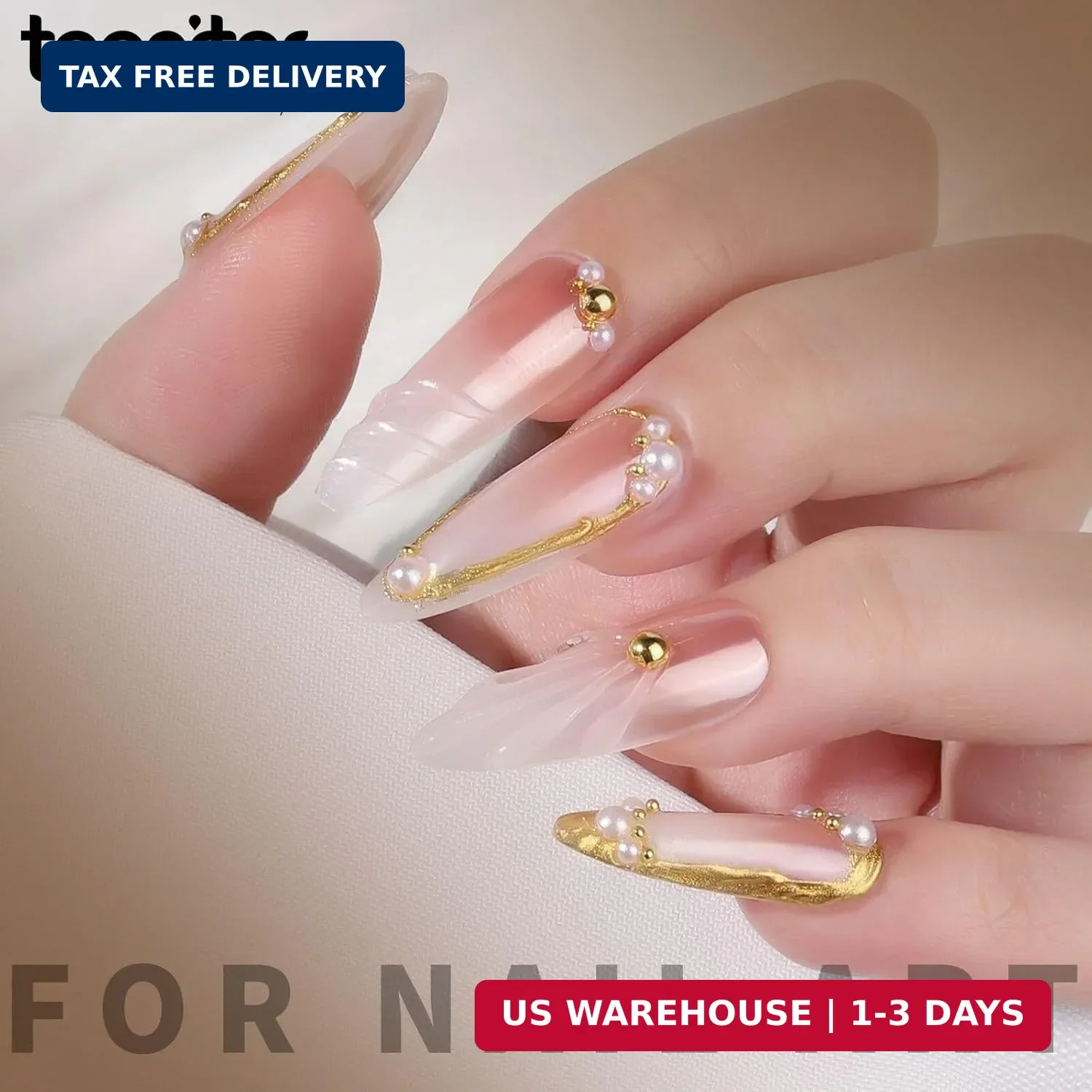 Gold Chrome Nail Powder Kit with Nail Charms and Gems, Pearl Nail Chrom