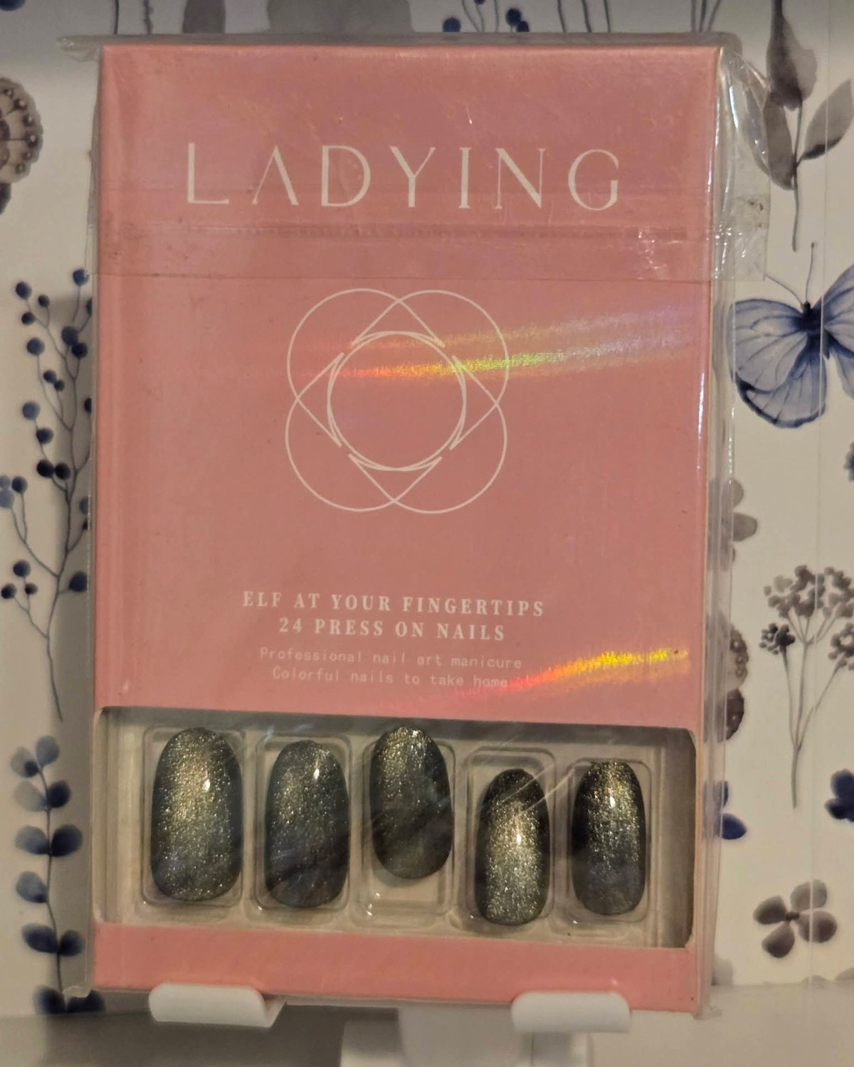 LADYING 24 Press-On Nails Silver & Black Glitter Pre-Designed Nail Art