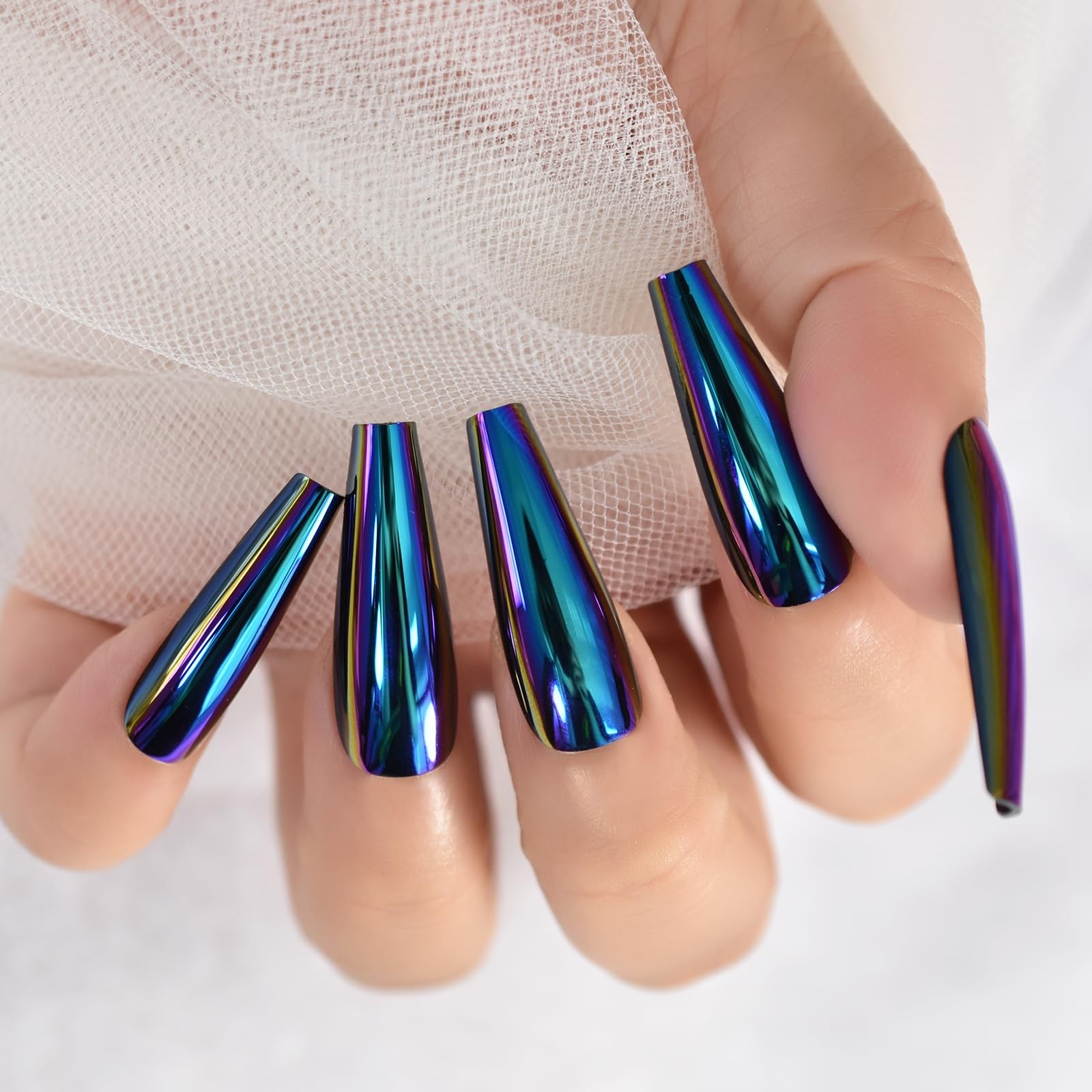 iMABC Press Metallic Mirror Holo Chrome Diamond Blue False Nails Extra Long C…