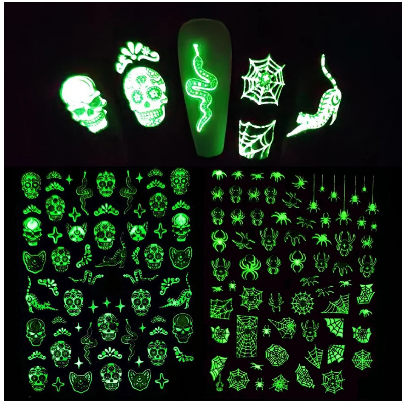 6Pc Adhesive Luminous Nail Art Halloween Skull Ghost Pumpkin Spider Web Bat NS43