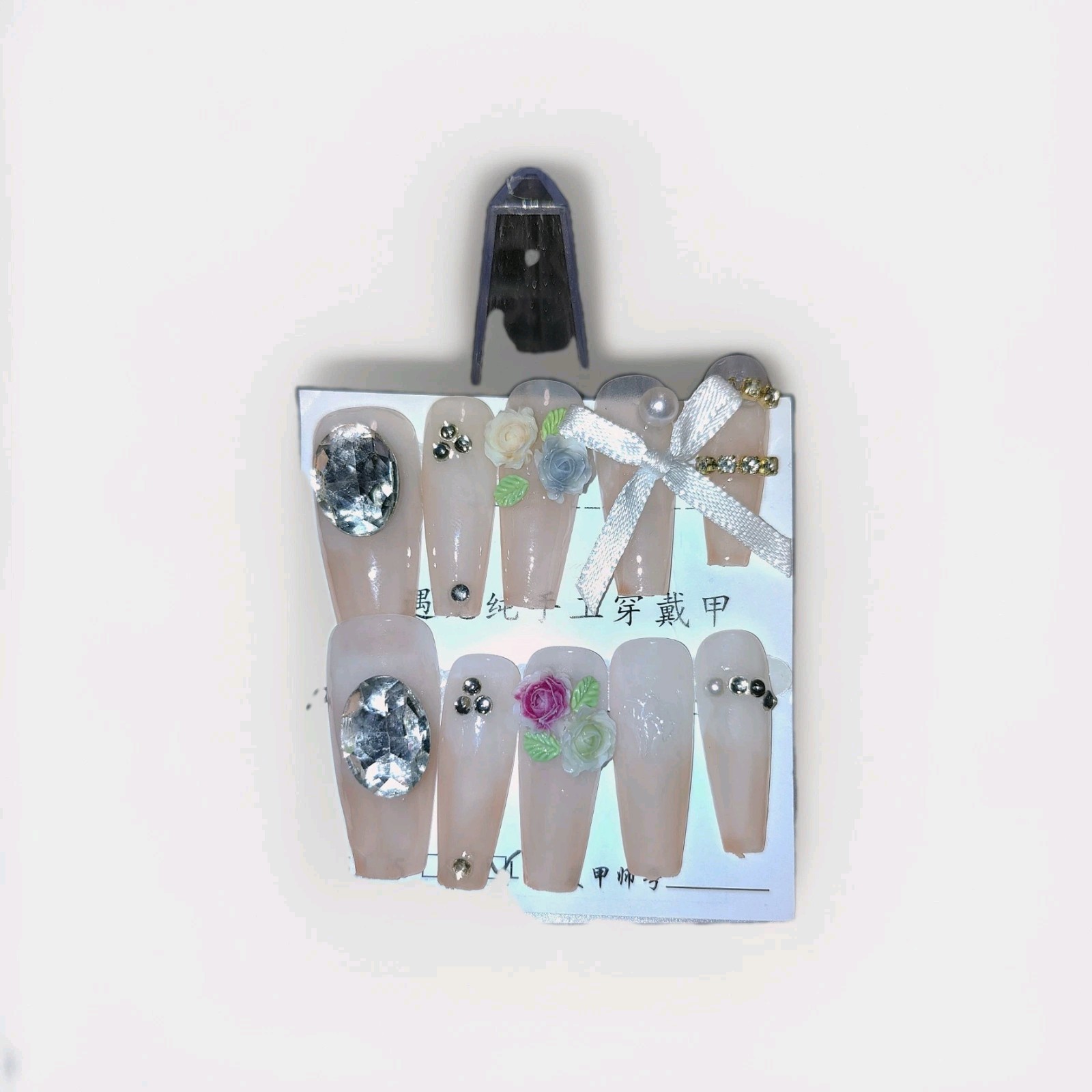 Nude Pink Blue 3D Flower Bow Rhinestone Long Coffin Press-On Nails Full Cover