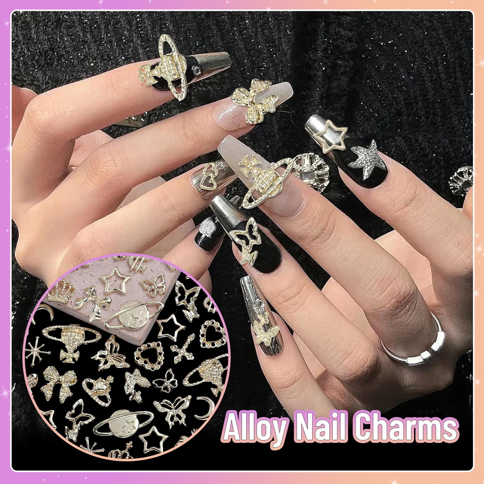 180 Pcs Gold Nail Charms and Gems, Bow Star Butterfly Cross Alloy Nail