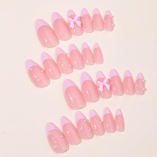 24Pcs French Press on Nails Almond Fake Nail Cute Pink False Nails with 3D bow