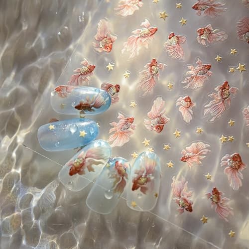 Nail Art Stickers Sparkly Koi Fish Nail Stickers 5D Embossed Cute Star Goldfish