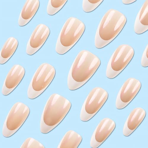 SINSEN Almond French Tip Press on Nails Medium Fake Nails White French style3