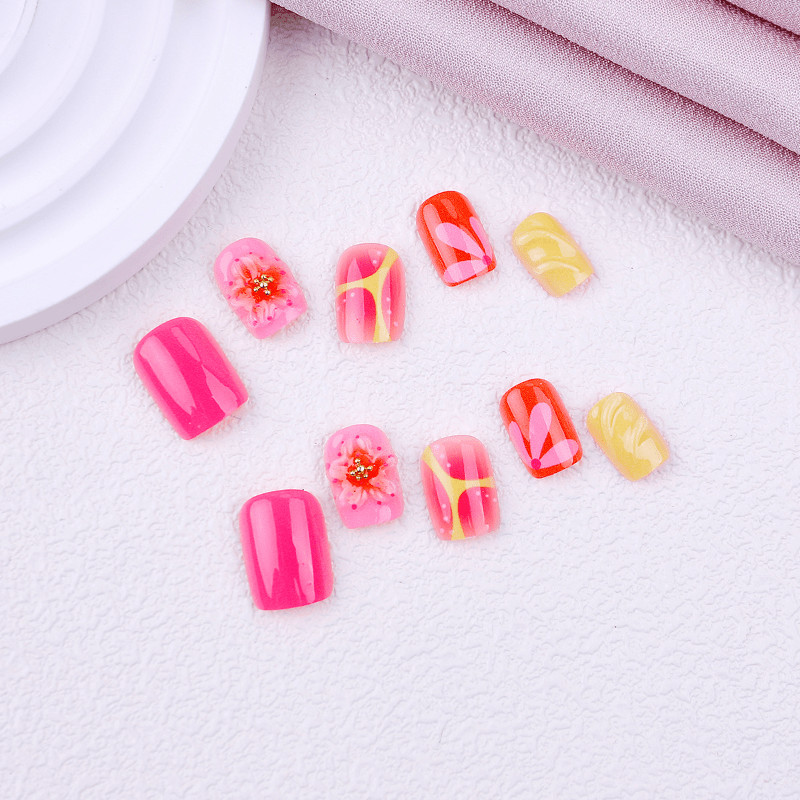 48P Short Square Press on Nails, Orange Pink 3D Floral Y2K Glossy Fake Nails