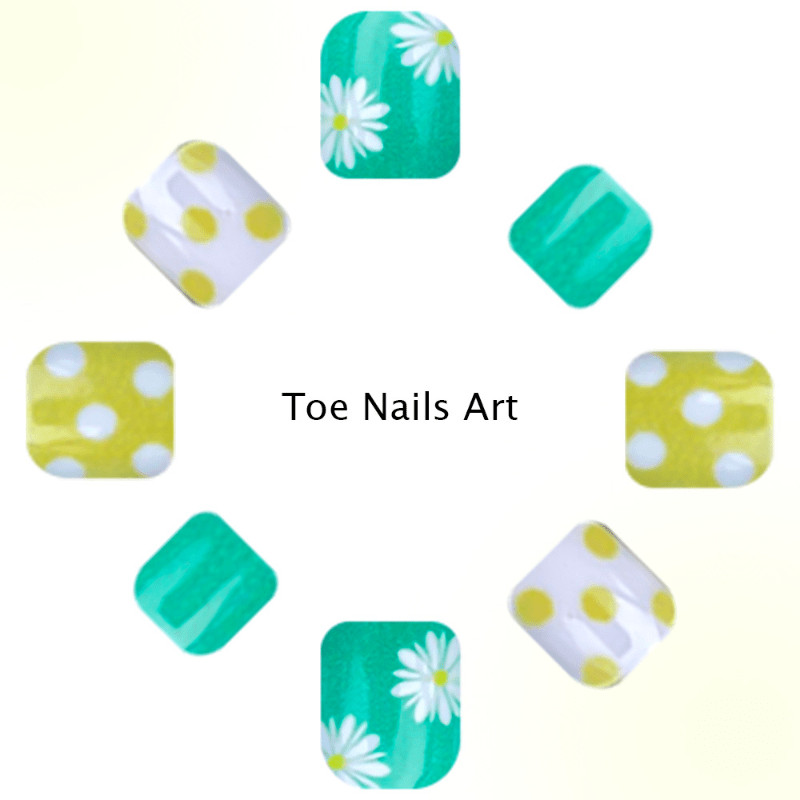 48pcs Short Square Press on Toe Nails, Green Yellow Daisy Polka Dot Print Nails