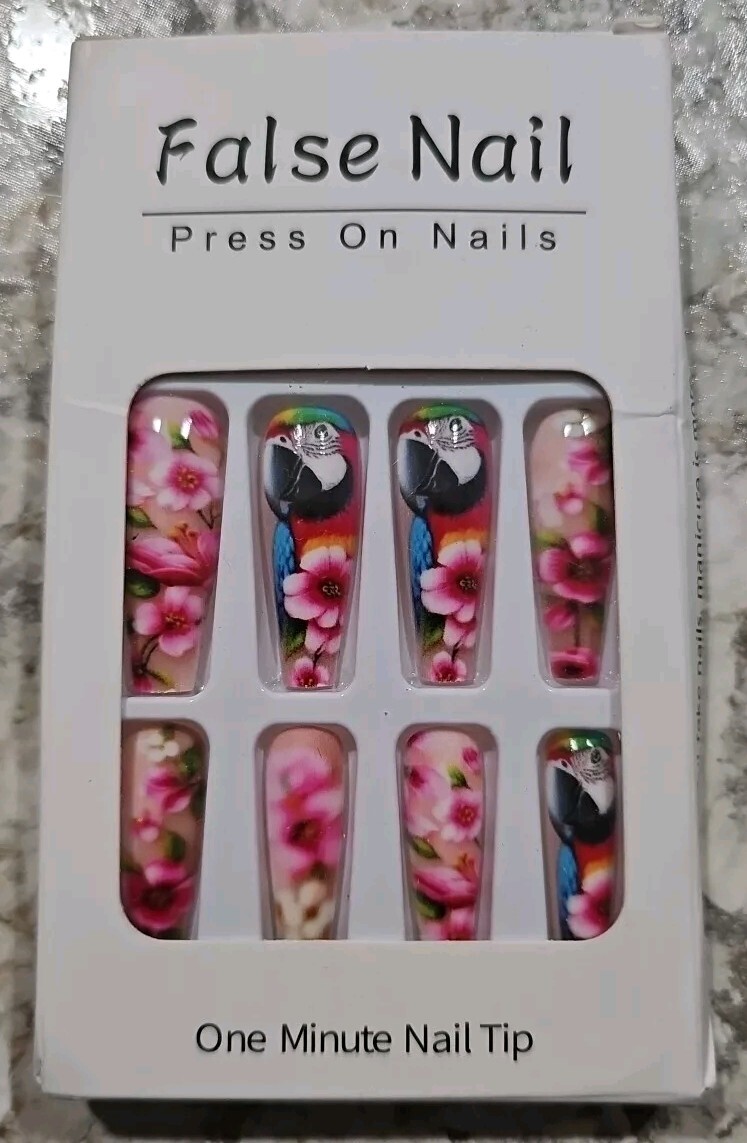 Vibrant Parrot & Floral 3D Press-On Nails – Long Coffin Shape, Glossy Finish💗