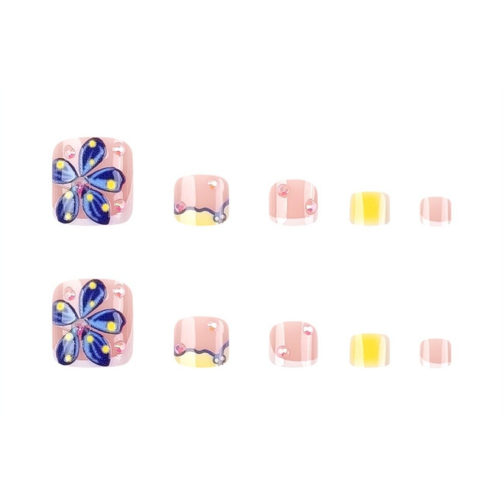 24PCS 3D Floral False Toe Nails with Diamond Accents for For french Style Blue