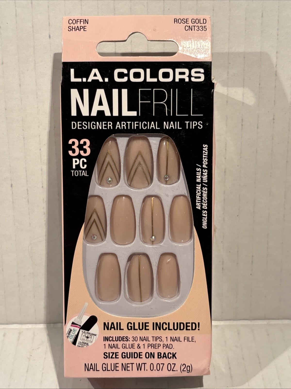 L.A. Colors Nail Frill Designer Nails 33 PC Rose Gold Glue File Pad New