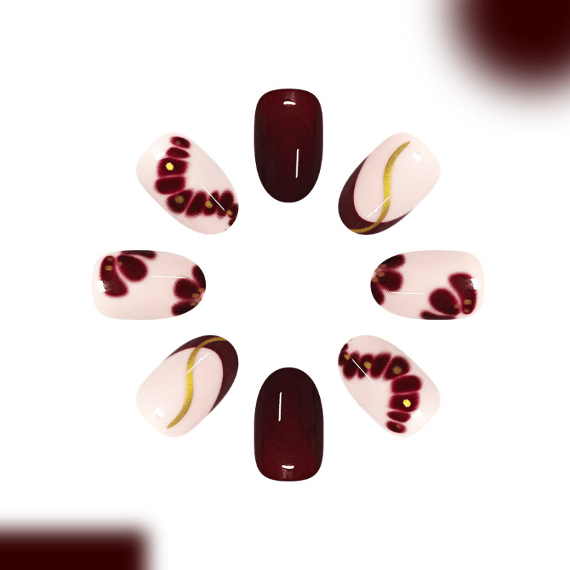 48Pcs-Short Oval Burgundy Blush Gradient Gold Line Tiny Bead Fake Press on Nails