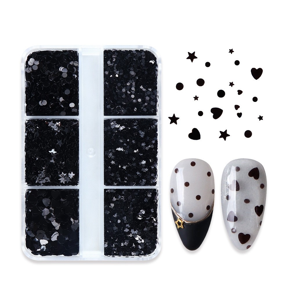 Black Star & Heart Shape Nail Glitter 6 Grids 3D Sequins for Nail Art Decoration