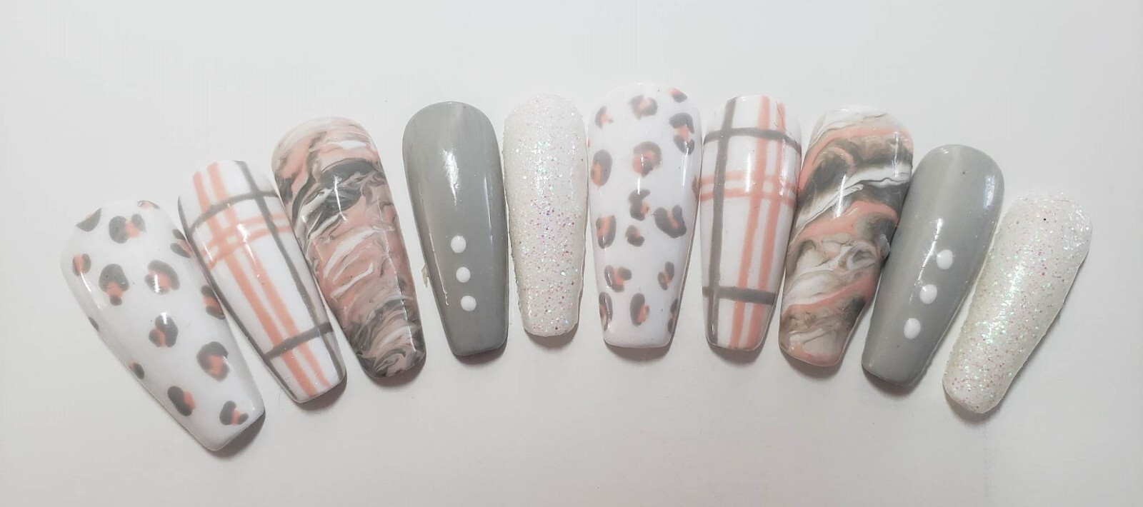 Peach, White and Gray Medium Coffin Gel Press-on Nails, Large Size – Handmade