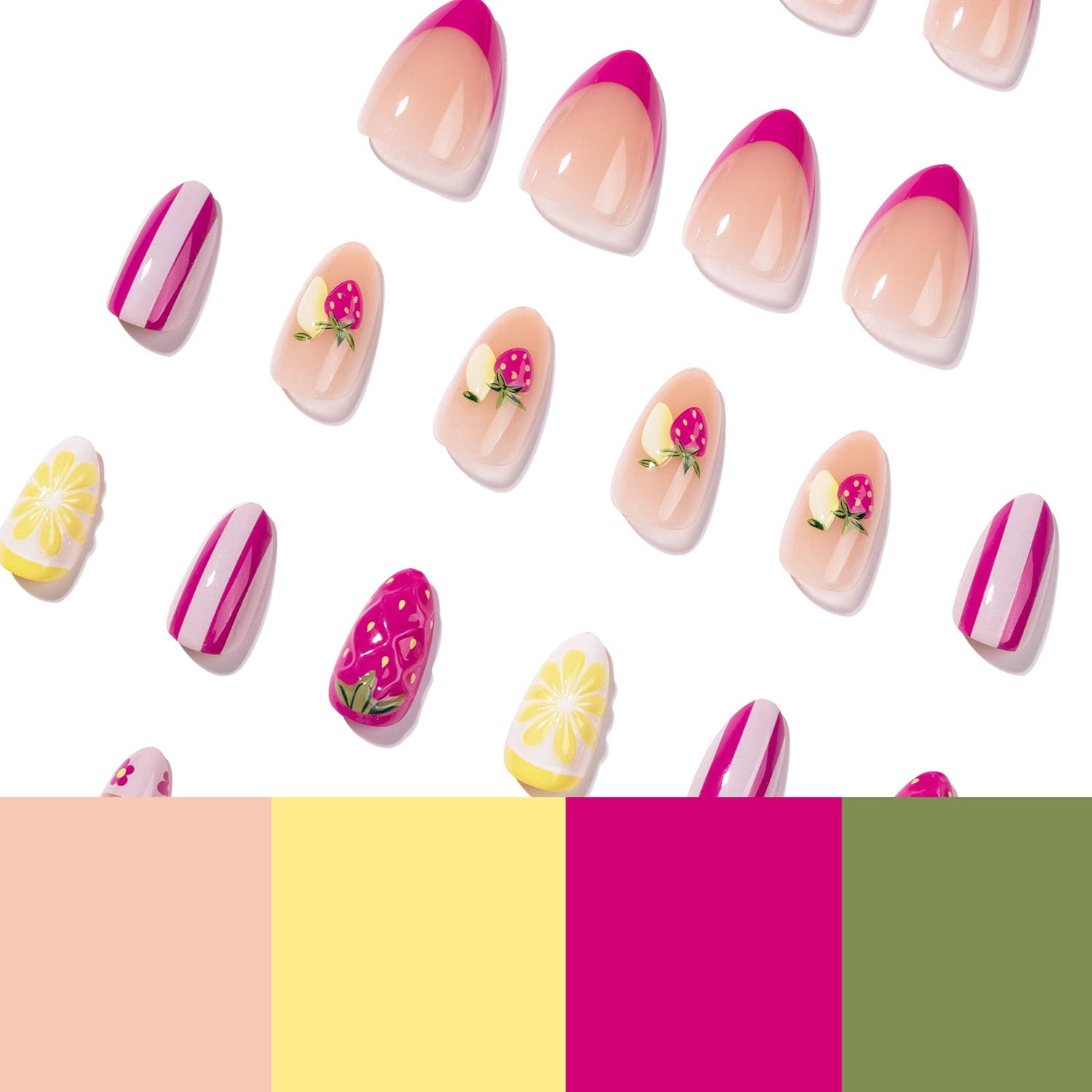 Spring Summer Press on Nails Short Almond Fake Nails 3D Embossed Fruit False Nai