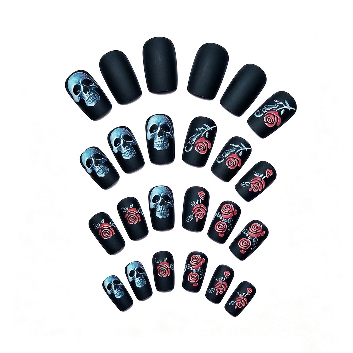 24pcs Rose Skeleton Press-On Nails | Reusable with Tools | Halloween