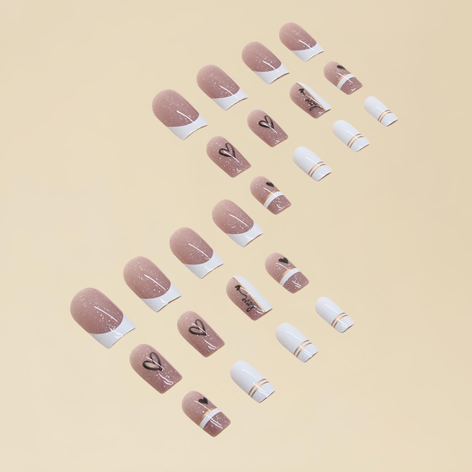 Heart Press on Nails Medium Square Fake Nails Black Heart Glue on Nails Cute …