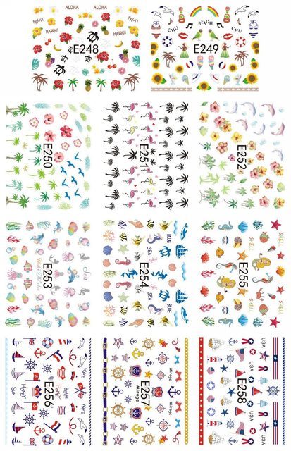 11 Designs 3D Nail Art Sticker Summer Aloha Palm Tree Bird Seashell Flag Decals