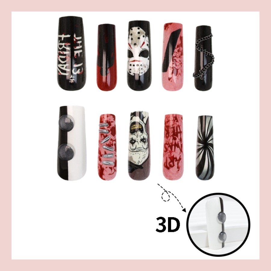 48Pcs-Long Coffin Horror Movie Clown Mask Blood Chain Fake Press on Nails Set