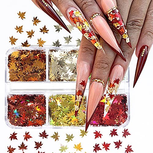Fall Glitter Nail Sequins Maple Leaf Glitters Flakes 3D Holographic Laser
