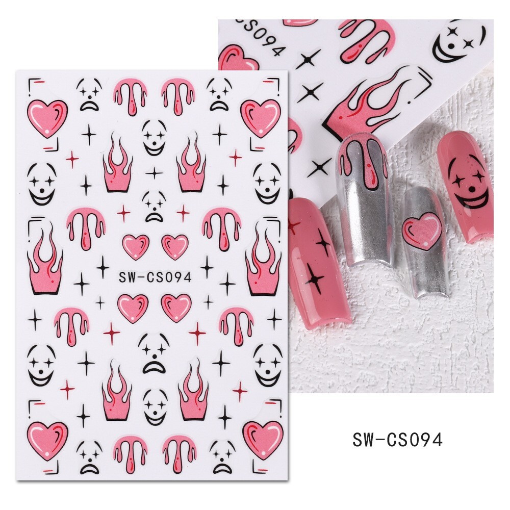 6Pcs Clown Nail Sticker 3D Halloween Candle Star Comic Heart Flame Graffiti NS52