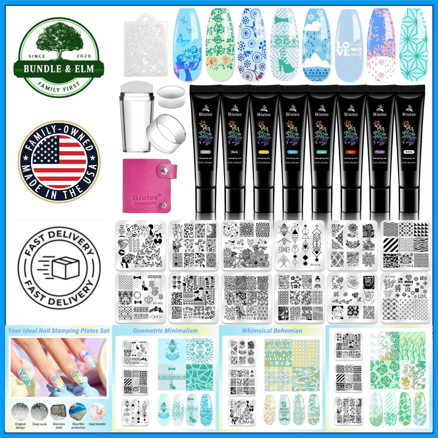 Durable Stainless Steel Nail Stamping Plates Set with 8 Vibrant Gel Polishes