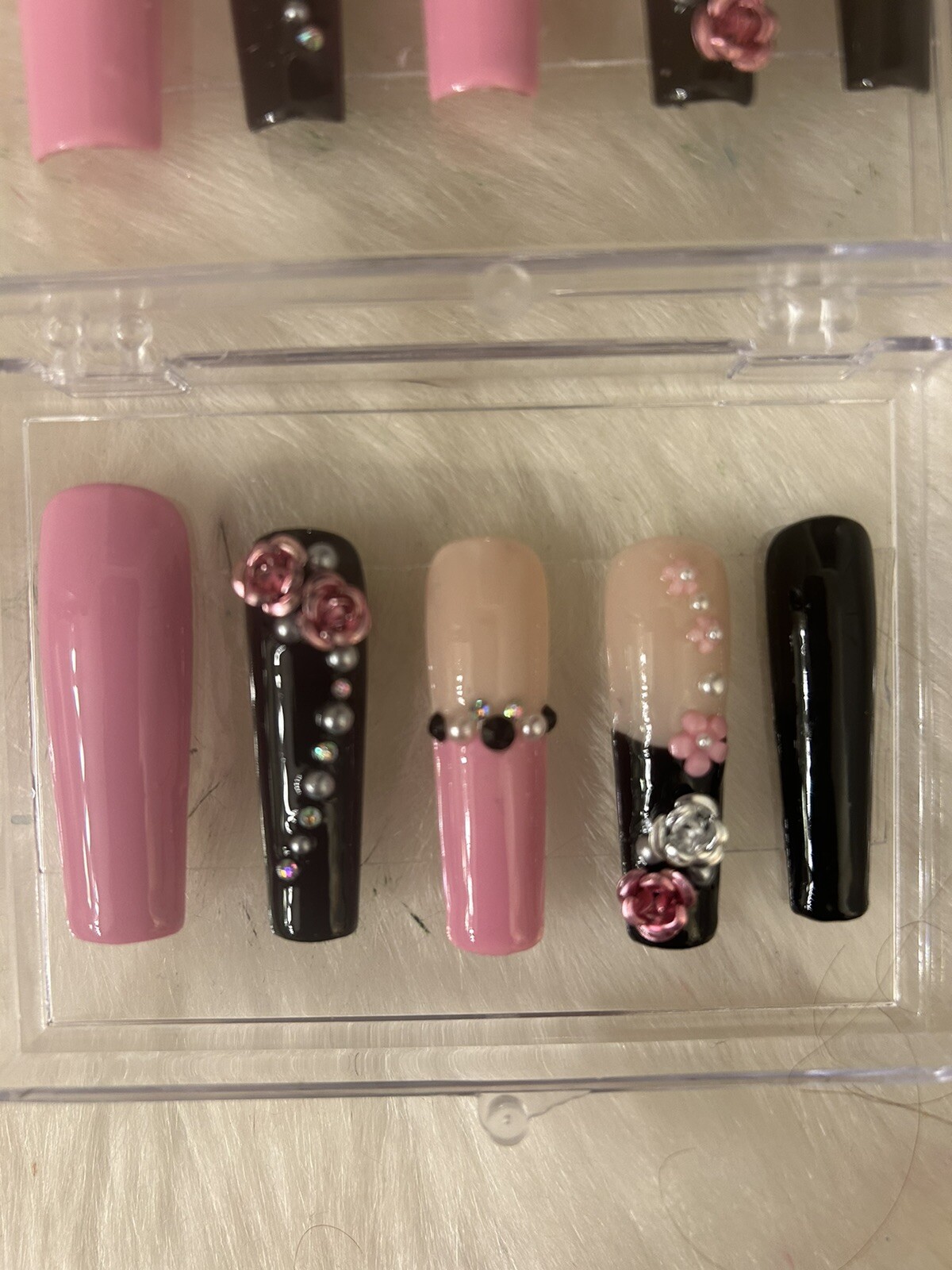 Z NAILZ! Gorgeous Handmade Pink/Nude/Black 2XL Coffin Shiny Bling Press On Nails