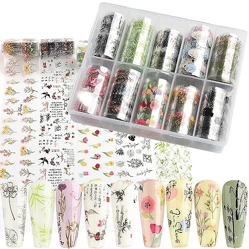10 Rolls Flower Nail Foil Transfer Sticker Kit Bamboo Ink Painting Pattern