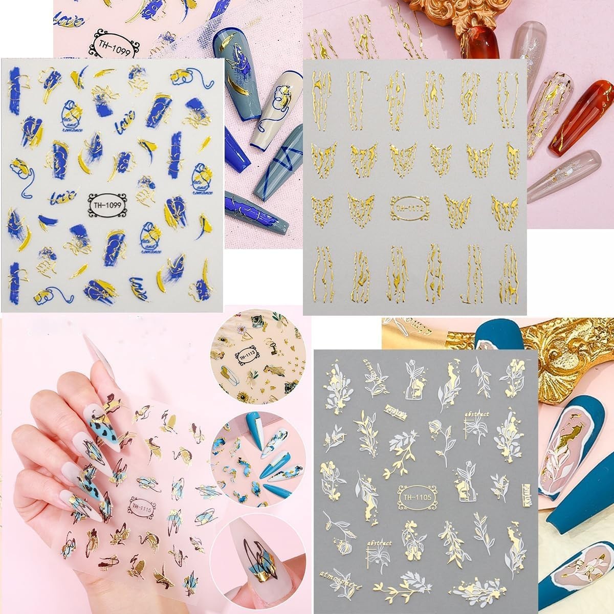 Chic 12 Sheet Nail Decals with Gold Stripe & Floral Patterns – DIY Decoration